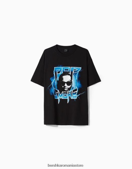 Bershka bărbați tricou cu mânecă scurtă cu imprimeu pop smoke negru Z86D2700 îmbrăcăminte