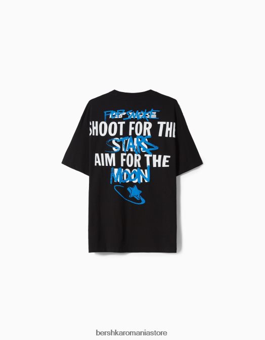 Bershka bărbați tricou cu mânecă scurtă cu imprimeu pop smoke negru Z86D2700 îmbrăcăminte