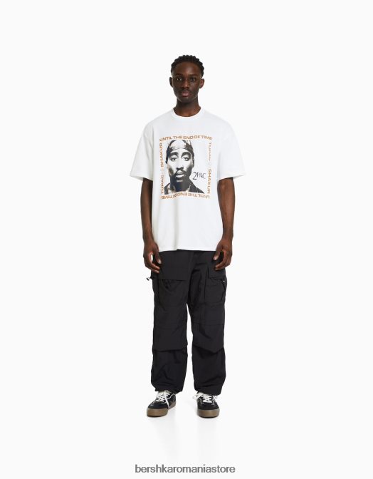 Bershka bărbați tricou cu mânecă scurtă cu imprimeu tupac, cu potrivire boxy alb Z86D2724 îmbrăcăminte