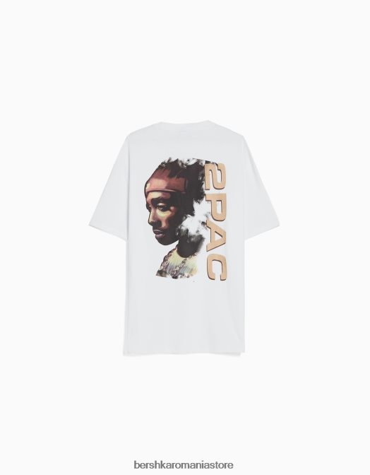 Bershka bărbați tricou cu mânecă scurtă cu imprimeu tupac, cu potrivire boxy alb Z86D2725 îmbrăcăminte