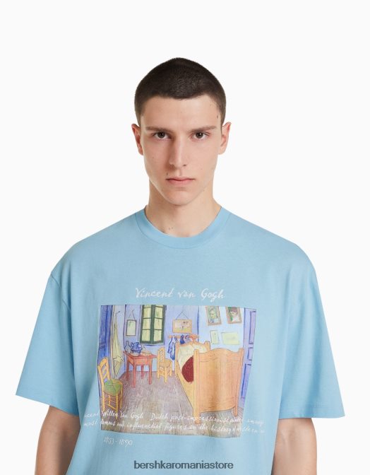 Bershka bărbați tricou cu mânecă scurtă, cu imprimeu van Gogh albastru deschis Z86D2627 îmbrăcăminte