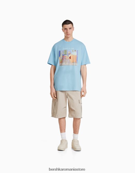 Bershka bărbați tricou cu mânecă scurtă, cu imprimeu van Gogh albastru deschis Z86D2627 îmbrăcăminte