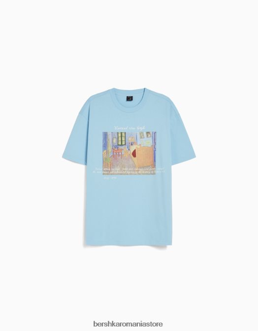 Bershka bărbați tricou cu mânecă scurtă, cu imprimeu van Gogh albastru deschis Z86D2627 îmbrăcăminte