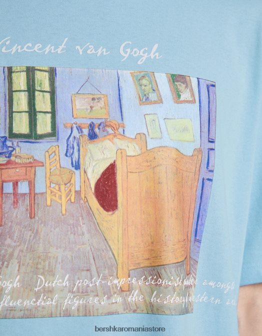 Bershka bărbați tricou cu mânecă scurtă, cu imprimeu van Gogh albastru deschis Z86D2627 îmbrăcăminte