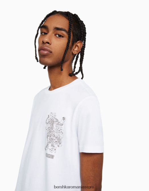 Bershka bărbați tricou cu mânecă scurtă cu potrivire normală imprimat alb Z86D2727 îmbrăcăminte