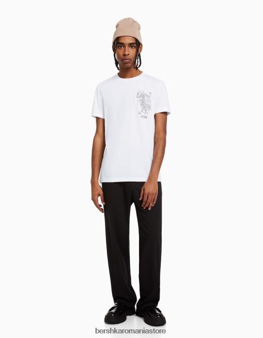 Bershka bărbați tricou cu mânecă scurtă cu potrivire normală imprimat alb Z86D2727 îmbrăcăminte