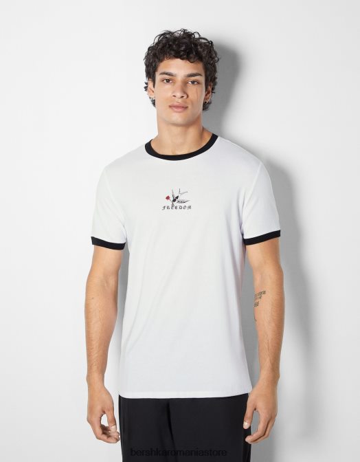 Bershka bărbați tricou cu mânecă scurtă cu potrivire normală imprimat alb negru Z86D2673 îmbrăcăminte