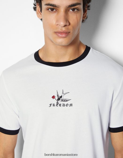 Bershka bărbați tricou cu mânecă scurtă cu potrivire normală imprimat alb negru Z86D2673 îmbrăcăminte