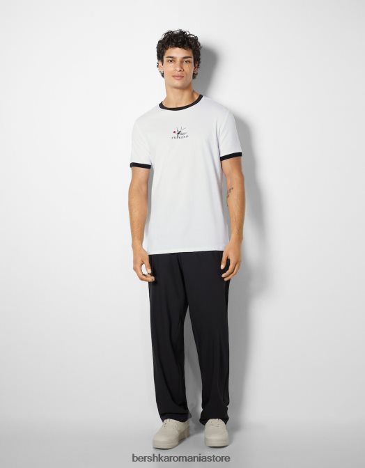 Bershka bărbați tricou cu mânecă scurtă cu potrivire normală imprimat alb negru Z86D2673 îmbrăcăminte