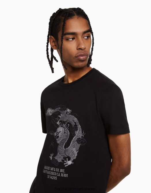 Bershka bărbați tricou cu mânecă scurtă cu potrivire normală imprimat negru Z86D2726 îmbrăcăminte