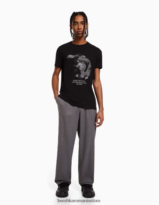 Bershka bărbați tricou cu mânecă scurtă cu potrivire normală imprimat negru Z86D2726 îmbrăcăminte