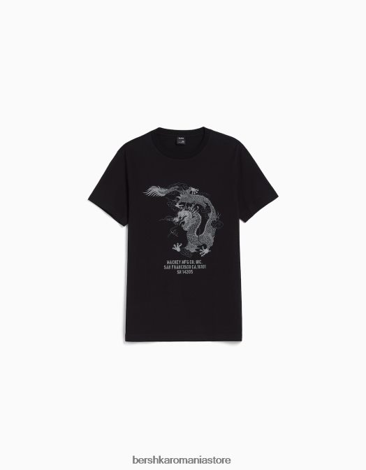 Bershka bărbați tricou cu mânecă scurtă cu potrivire normală imprimat negru Z86D2726 îmbrăcăminte