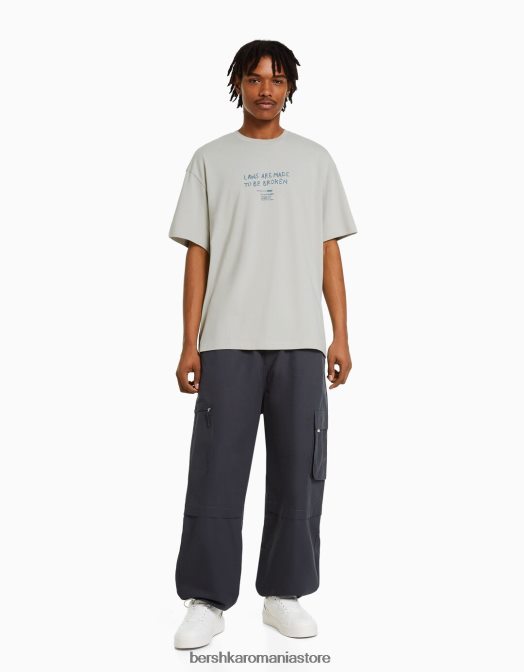 Bershka bărbați tricou cu mânecă scurtă în formă boxy, cu inscripții piatră Z86D2761 îmbrăcăminte