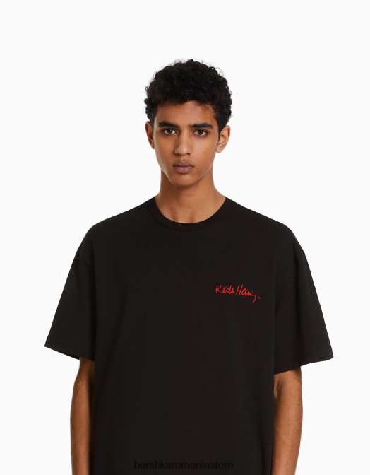 Bershka bărbați tricou cu mânecă scurtă, tip boxy, cu imprimeu Keith Haring negru Z86D2601 îmbrăcăminte