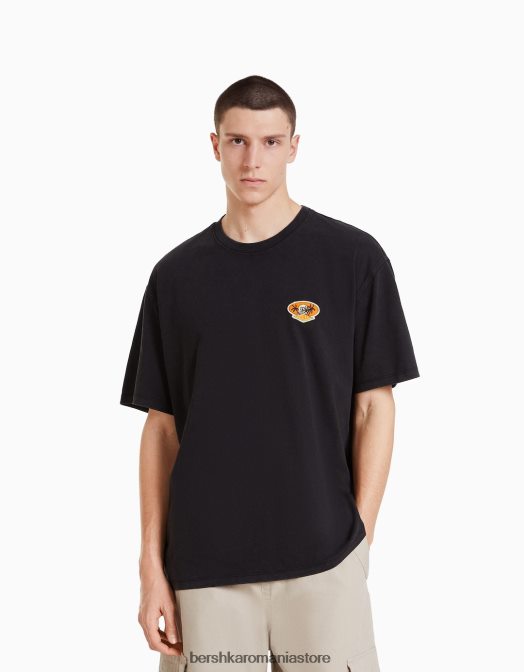 Bershka bărbați tricou cu mânecă scurtă, tip boxy, imprimat decolorat, cu plasture negru Z86D2714 îmbrăcăminte