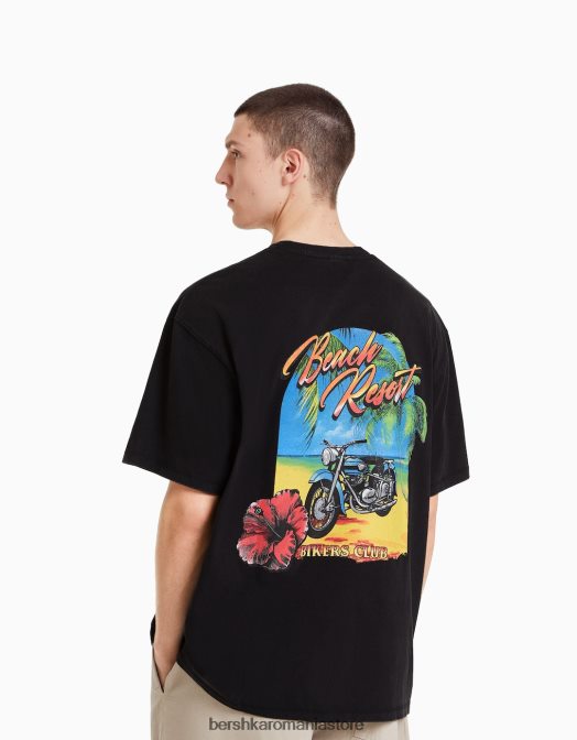 Bershka bărbați tricou cu mânecă scurtă, tip boxy, imprimat decolorat, cu plasture negru Z86D2714 îmbrăcăminte