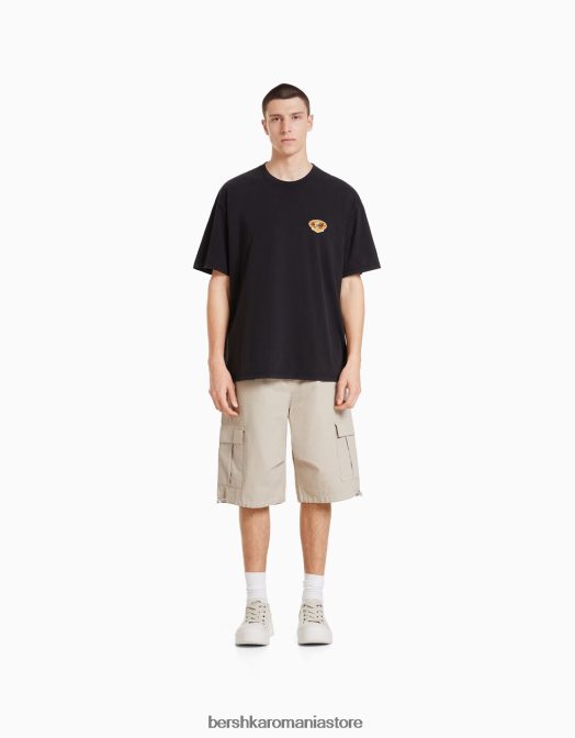 Bershka bărbați tricou cu mânecă scurtă, tip boxy, imprimat decolorat, cu plasture negru Z86D2714 îmbrăcăminte