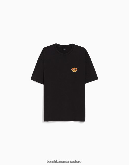 Bershka bărbați tricou cu mânecă scurtă, tip boxy, imprimat decolorat, cu plasture negru Z86D2714 îmbrăcăminte