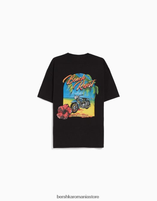 Bershka bărbați tricou cu mânecă scurtă, tip boxy, imprimat decolorat, cu plasture negru Z86D2714 îmbrăcăminte