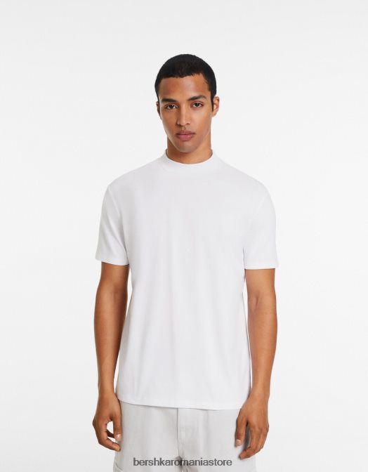 Bershka bărbați tricou cu maneca scurta cu gat inalt alb Z86D2740 îmbrăcăminte