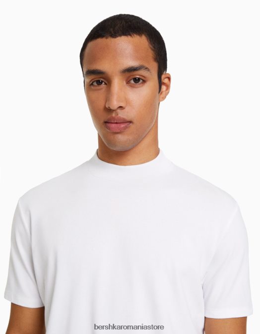 Bershka bărbați tricou cu maneca scurta cu gat inalt alb Z86D2740 îmbrăcăminte