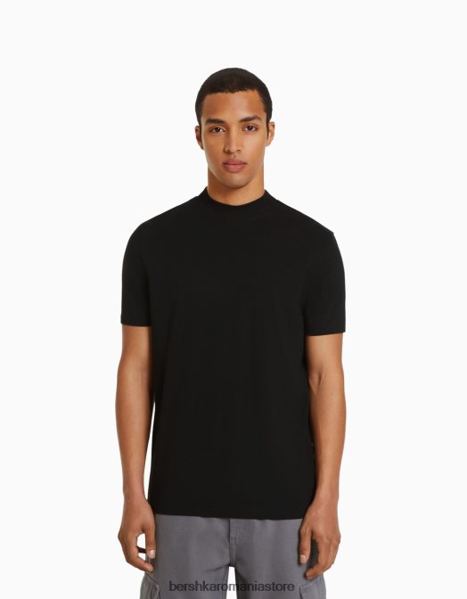 Bershka bărbați tricou cu maneca scurta cu gat inalt negru Z86D2739 îmbrăcăminte