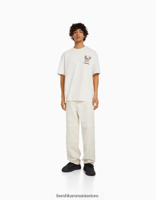 Bershka bărbați tricou cu maneca scurta cu imprimeu alb Z86D2677 îmbrăcăminte