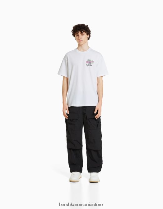 Bershka bărbați tricou cu maneca scurta cu imprimeu alb Z86D2757 îmbrăcăminte