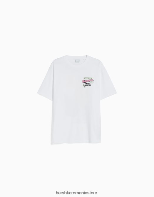 Bershka bărbați tricou cu maneca scurta cu imprimeu alb Z86D2757 îmbrăcăminte