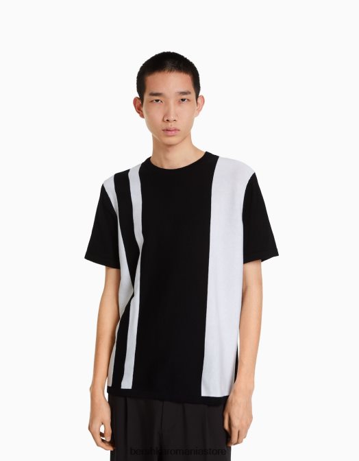 Bershka bărbați tricou cu maneca scurta cu imprimeu cu dungi verticale negru Z86D2705 îmbrăcăminte
