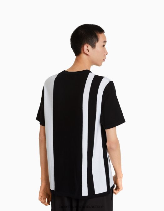 Bershka bărbați tricou cu maneca scurta cu imprimeu cu dungi verticale negru Z86D2705 îmbrăcăminte