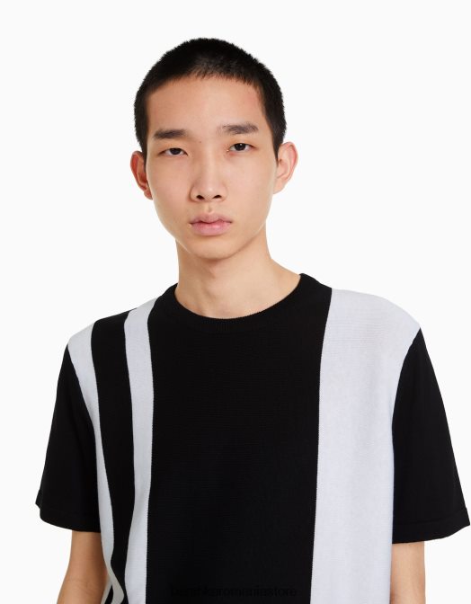 Bershka bărbați tricou cu maneca scurta cu imprimeu cu dungi verticale negru Z86D2705 îmbrăcăminte