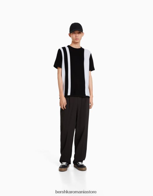 Bershka bărbați tricou cu maneca scurta cu imprimeu cu dungi verticale negru Z86D2705 îmbrăcăminte