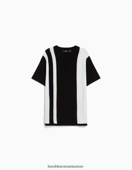 Bershka bărbați tricou cu maneca scurta cu imprimeu cu dungi verticale negru Z86D2705 îmbrăcăminte
