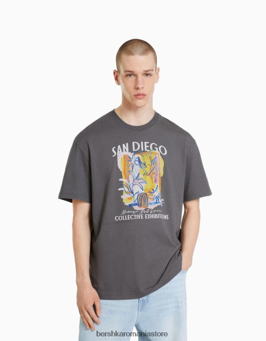 Bershka bărbați tricou cu maneca scurta cu imprimeu gri Z86D2768 îmbrăcăminte