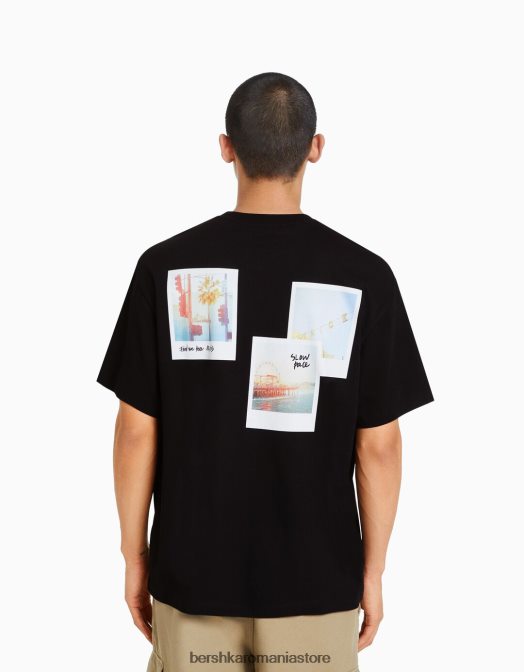 Bershka bărbați tricou cu maneca scurta cu imprimeu negru Z86D2606 îmbrăcăminte