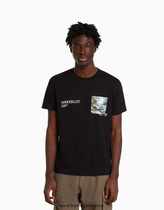 Bershka bărbați tricou cu maneca scurta cu imprimeu negru Z86D2799 îmbrăcăminte