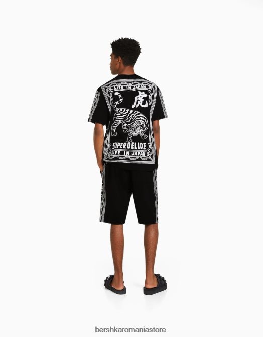 Bershka bărbați tricou cu maneca scurta si imprimeu slogan negru Z86D2603 îmbrăcăminte