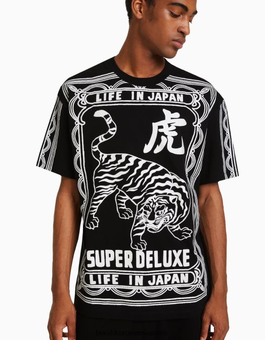 Bershka bărbați tricou cu maneca scurta si imprimeu slogan negru Z86D2603 îmbrăcăminte