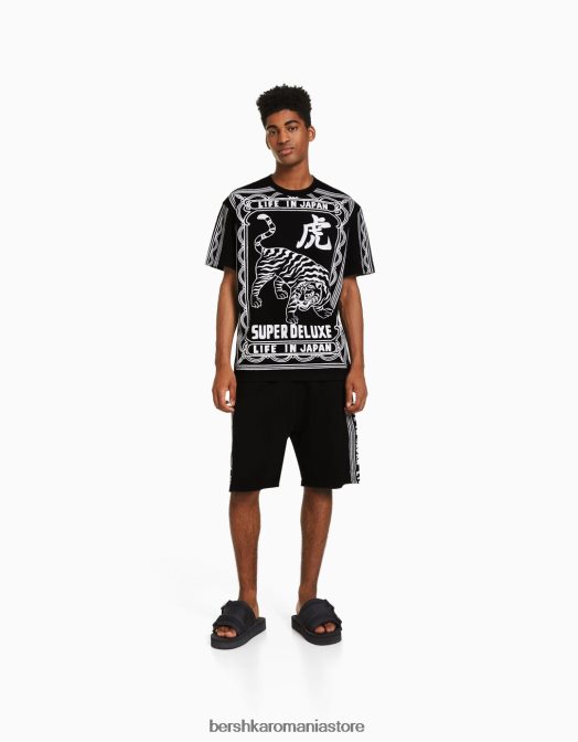 Bershka bărbați tricou cu maneca scurta si imprimeu slogan negru Z86D2603 îmbrăcăminte