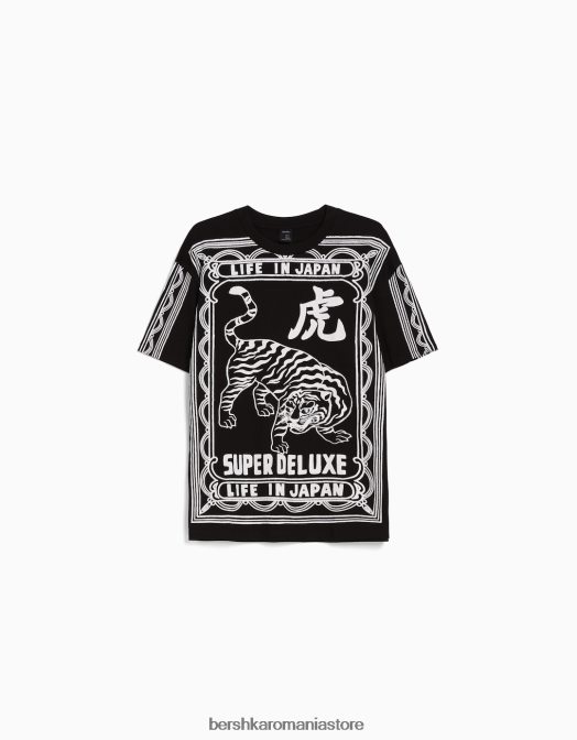 Bershka bărbați tricou cu maneca scurta si imprimeu slogan negru Z86D2603 îmbrăcăminte