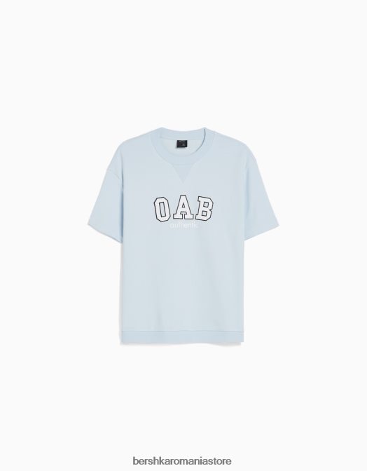 Bershka bărbați tricou de pluș cu mânecă scurtă cu imprimeu de varsity albastru deschis Z86D2767 îmbrăcăminte