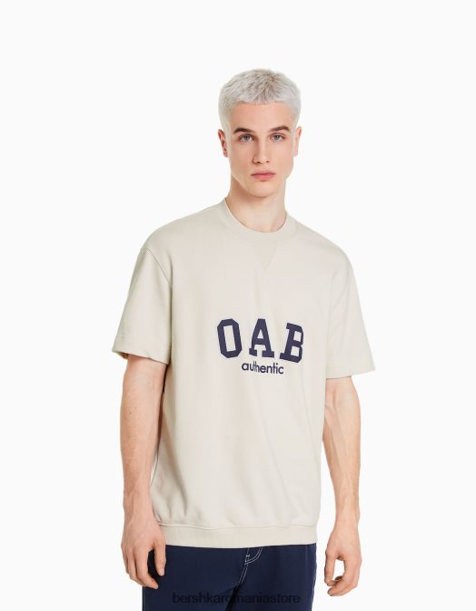 Bershka bărbați tricou de pluș cu mânecă scurtă cu imprimeu de varsity aproape alb Z86D2765 îmbrăcăminte