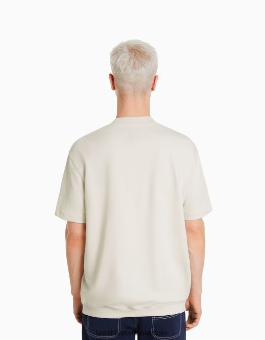 Bershka bărbați tricou de pluș cu mânecă scurtă cu imprimeu de varsity aproape alb Z86D2765 îmbrăcăminte