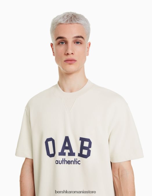 Bershka bărbați tricou de pluș cu mânecă scurtă cu imprimeu de varsity aproape alb Z86D2765 îmbrăcăminte