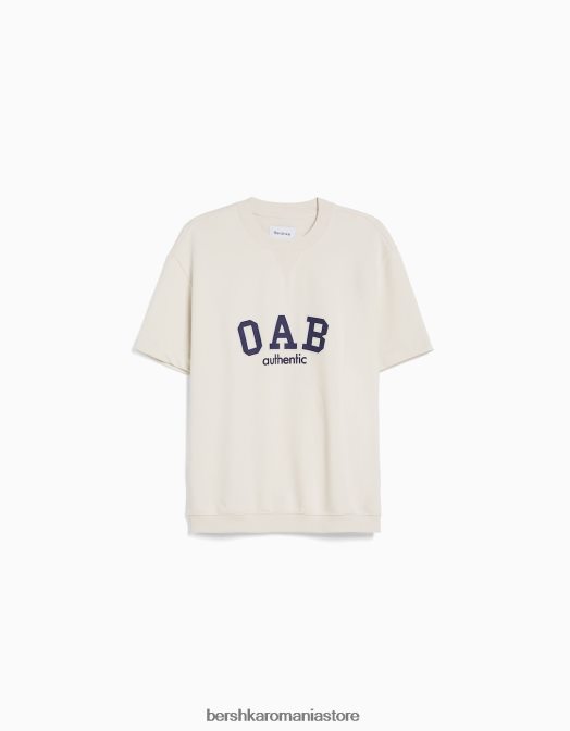 Bershka bărbați tricou de pluș cu mânecă scurtă cu imprimeu de varsity aproape alb Z86D2765 îmbrăcăminte