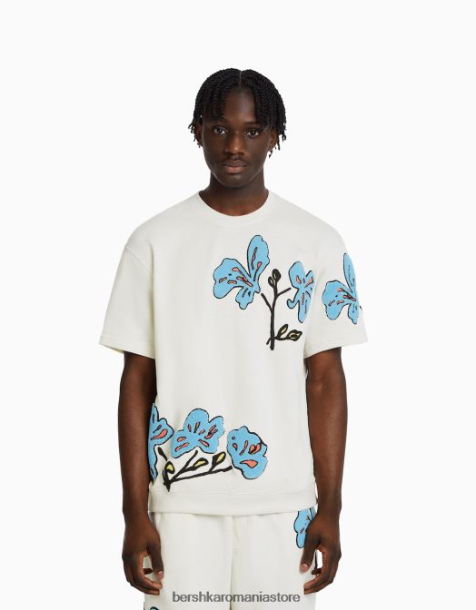 Bershka bărbați tricou de pluș cu mânecă scurtă cu petice cremă Z86D2731 îmbrăcăminte