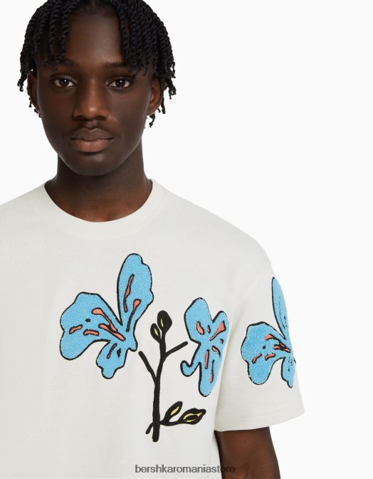 Bershka bărbați tricou de pluș cu mânecă scurtă cu petice cremă Z86D2731 îmbrăcăminte