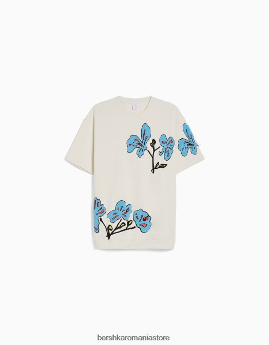 Bershka bărbați tricou de pluș cu mânecă scurtă cu petice cremă Z86D2731 îmbrăcăminte