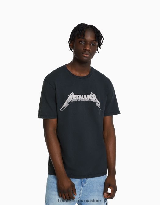 Bershka bărbați tricou decolorat cu imprimeu metallic, care se potrivește ușor negru Z86D2790 îmbrăcăminte